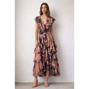 Le Superbe Major Flirt Floral Ruffle Midi Dress High Low Swiss Dot Sz 2